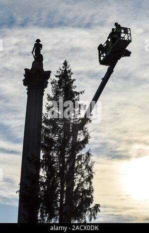 Trafalgar Square, London, UK. 3. Dezember 2019. Die traditionelle Weihnachtsbaum ist in Trafalgar Square installiert. Quelle: Matthew Chattle/Alamy leben Nachrichten Stockfoto