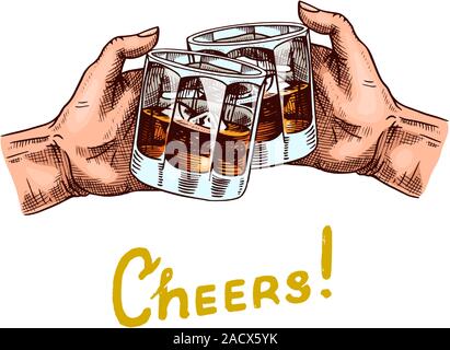 Cheers Toast. Ein Glas Whisky in der Hand. Vintage American Abzeichen. Alkoholische Label mit kalligrafischen Elementen. Starkes Getränk. Hand gezeichnet eingraviert Stock Vektor