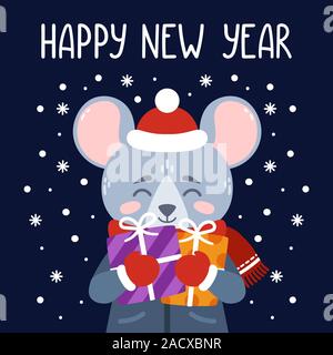 Die Ratte hält das Neue Jahr Geschenke. Das Symbol des chinesischen neuen Jahres 2020. Grußkarte mit einer Maus für das Neue Jahr. Vector Illustration mit niedlichen Ch Stock Vektor