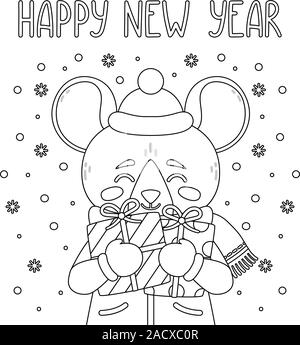 Die Ratte hält neue Jahr Geschenk. Das Symbol des chinesischen neuen Jahres 2020. Grußkarte mit einer Maus für das Neue Jahr. Vector Illustration mit niedlichen Chara Stock Vektor