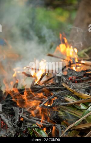 Brennende Papierkorb Blätter und Äste im Garten Stockfoto