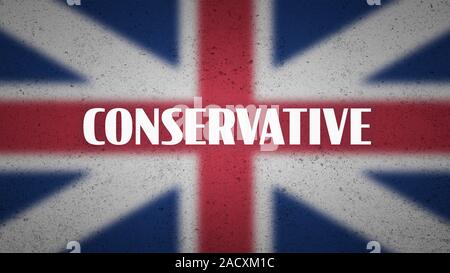 Großbritannien Politik Poster - Das Wort 'konservative' auf unscharfen Union Jack Flagge. Die Abbildung für britische politische, staatliche legislative System Stockfoto