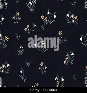 Süße hand spring flower Feld gezogen, früh blühende floral background, toll für Textilien, Banner, Wallpaper, Umhüllung, Vektor Oberflächengestaltung Stock Vektor