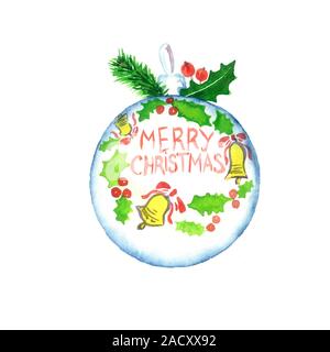 Weihnachtsdekoration mit Gruß heiraten Weihnachten, Kiefer und Holly, handgemaltes Aquarell Abbildung auf weißen, perfekt Element für Design isoliert Stockfoto