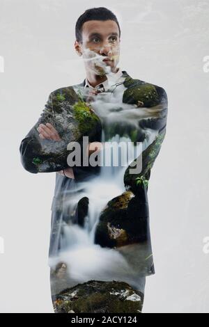 Doppelbelichtung Geschäftsmann auf weißem Hintergrund Stockfoto