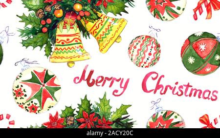 Weihnachten Dekorationen und Grüße, Handgemalten Aquarell Illustration, nahtlose Muster auf weißem Hintergrund Stockfoto