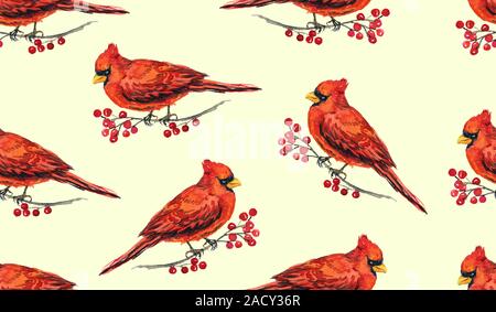 Kardinal Vögel auf den Ästen mit roten Beeren, Handgemalten Aquarell Illustration, nahtlose Muster Design auf weichem gelben Hintergrund Stockfoto