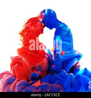 Kreative Kunst Collage von Paar in Liebe durch Farbe Auflösen in Wasser auf weißem Hintergrund gebildet. Stockfoto