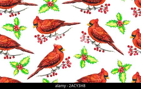 Kardinal Vögel auf den Ästen mit roten Beeren, Handgemalten Aquarell Illustration, nahtlose Muster Design auf weichem gelben Hintergrund Stockfoto