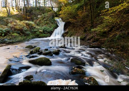 Peiran Wasserfall im Hafod Immobilien West Wales, im Herbst mit einer langen Verschlusszeit der Strömung von Wasser zu erfassen, Stockfoto