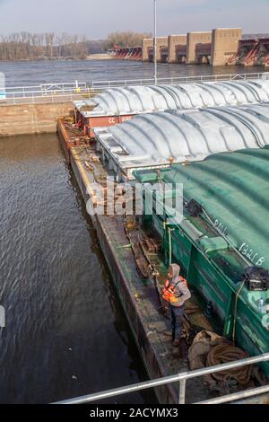 Illinois City, Illinois - ein schubschiff Lastkähne drückt mit Mais und Sojabohnen durch Sperren & Damm Nr. 16 auf den oberen Mississippi River. Ein Arbeitnehmer, der an t Stockfoto