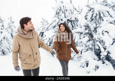 Glückliche Eheleute gehen Hand in Hand durch den Winterwald Stockfoto