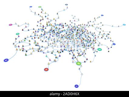 Masse von kleinen symbolischen 3D-Figuren durch Linien verbunden, Geschwindigkeit Zeichen außerhalb der Punkte, 2-in-1-System Netzwerk, isoliert, weiß, horizontal Stockfoto