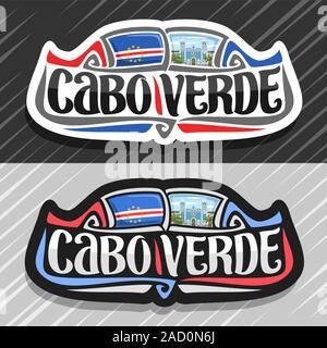 Vektor Logo für die Republik Cabo Verde, Kühlschrank Magnet mit kapverdischen Staat Flagge, original brush Schrift für Worte Cabo Verde und nationales Symbol - Stock Vektor