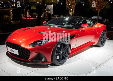 Brüssel - Jan 18, 2019: Aston Martin DBS Superleggera Sportwagen auf dem Brüsseler Autosalon 2019 Motor Show präsentiert. Stockfoto