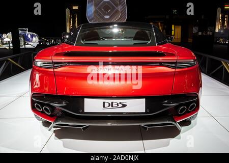 Brüssel - Jan 18, 2019: Aston Martin DBS Superleggera Sportwagen auf dem Brüsseler Autosalon 2019 Motor Show präsentiert. Stockfoto