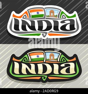 Vektor logo für Indien Land, Kühlschrank Magnet mit indischen Staat Flag für Independence Day, ursprünglichen Bürste Schrift für Wort Indien und nationalen indischen s Stock Vektor