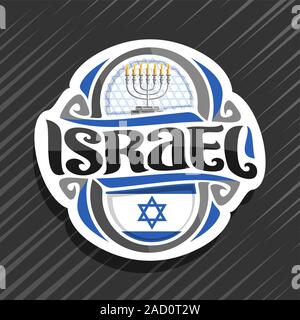 Vektor logo für Israel Land, Kühlschrank Magnet mit israelischen Staat Flagge, original brush Schrift für Wort Israel und nationalen jüdischen Symbol - menorah wi Stock Vektor