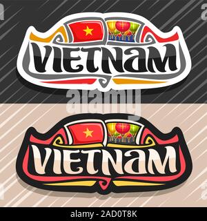 Vektor logo für Vietnam Land, Kühlschrank Magnet mit staatliche vietnamesische Flag, original brush Schrift für Wort Vietnam und nationalen vietnamesischen Symbol-c Stock Vektor