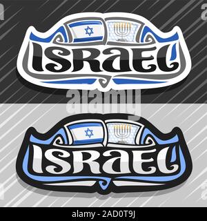 Vektor logo für Israel Land, Kühlschrank Magnet mit israelischen Staat Flagge, original brush Schrift für Wort Israel und nationalen jüdischen Symbol - menorah wi Stock Vektor