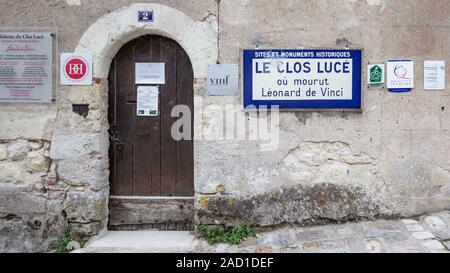 Amboise, Frankreich - Oktober 16, 2019: Monument Chateau dus-Clos Luce, ehemaliger Wohnsitz von Leonardo da Vinci Stockfoto