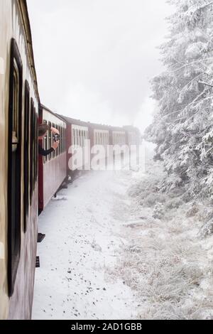 Wernigerode, Deutschland. 03 Dez, 2019. Ein Zug der Harzer Schmalspurbahnen (HSB), die von einer Dampflokomotive fließt durch einen verschneiten Wald Richtung Brocken Touristen bis zum Transport der Berg gezogen. Auf der höchsten Erhebung des Harzes gibt es einen militärischen Sicherheitsbereich bis zum Fall der Mauer. Am 03. Dezember 1989 Wanderer forderte die Öffnung des Tores. Seitdem das Brockenplateau ist wieder frei zugänglich. Credit: Klaus-Dietmar Gabbert/dpa-Zentralbild/dpa/Alamy leben Nachrichten Stockfoto