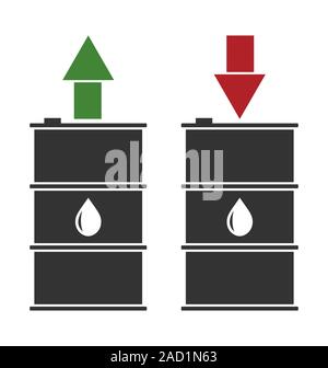schwarzen Ölfass mit roten und grünen Pfeile auf weißem Hintergrund Stockfoto