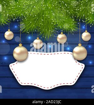 Navidad-Grusskarte mit goldenen Kugeln und Tannenzweigen Stockfoto