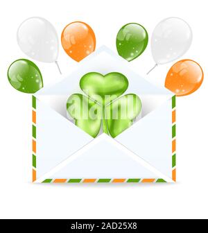 Umschlag mit Klee und bunten Ballons auf weißem Hintergrund für St. Patrick's Day isoliert Stockfoto