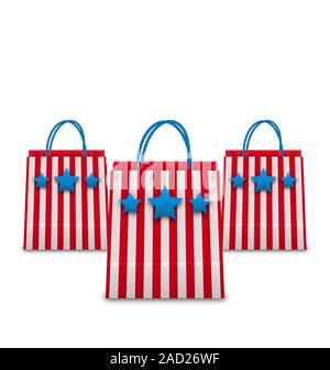 Einkaufstaschen in amerikanischen patriotischen Farben. Pakete, Isolated on White Background Stockfoto