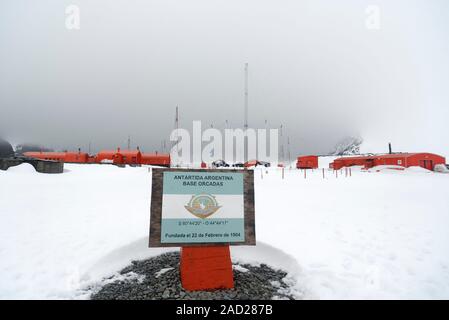 Willkommen anmelden, Argentinische wissenschaftliche Station Basis Orcadas, Laurie Island, South Orkney Inseln, Antarktis Stockfoto