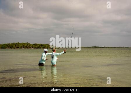 Ambergris Caye, Belize - November, 16, 2019. Ein belizean Fishing Guide unter Hinweis auf die Schule der bonefish auf die Wohnungen auf der kleinen Insel der Karibik. Stockfoto