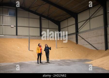 Jo Swinson und Landwirt Christy Willett als Liberaldemokraten Besuche, die einen ackerbaubetrieb in Galleywood außerhalb von Chelmsford die Auswirkungen der Brexit und Donald Trump Handelsabkommen zu diskutieren. Stockfoto