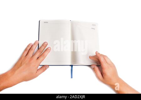Mann Hand buch Öffnen isoliert auf weißem Stockfoto