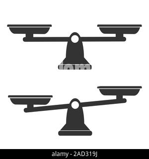 Schalen einer Waage im Gleichgewicht, ein Ungleichgewicht von Skalen. Schwarze Symbole gesetzt. Waage, Vektor Stock Vektor