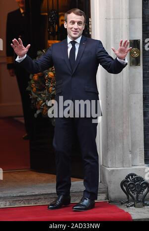 London, Großbritannien. 03 Dez, 2019. Der französische Präsident Emmanuel Längestrich kommt an Nummer 10 Downing Street für den 70. Jahrestag der NATO-Gipfel in London am Dienstag Dezember 3, 2019. Foto von Rune Hellestad/UPI Quelle: UPI/Alamy leben Nachrichten Stockfoto