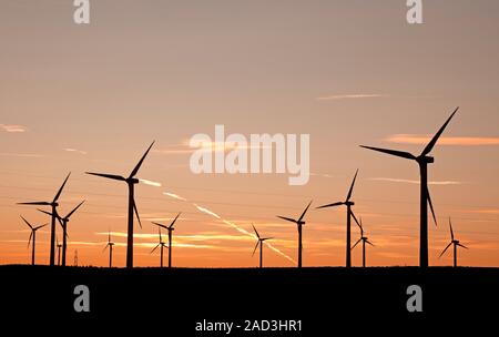 Dunlaw Windpark, Soutra Hill, Schottland, Großbritannien. 3. Dezember 2019. Kühlen Nachmittag, aber milde im Vergleich zu den vergangenen Wochenende kurz vor Sonnenuntergang den Himmel zeigen Pastellfarben hinter und um die riesigen Turbinen. Stockfoto