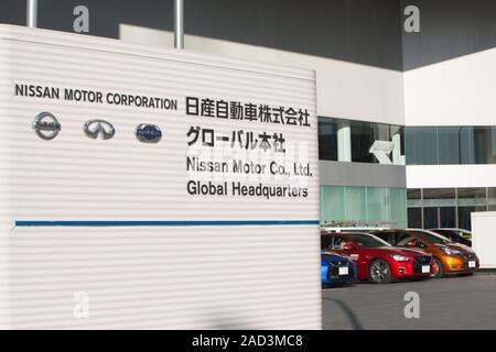 Yokohama, Japan. 3. Dezember, 2019. Ein Schild an der Nissan Motor Co., Ltd. mit Hauptsitz in Kanagawa. Credit: Stanislav Kogiku/SOPA Images/ZUMA Draht/Alamy leben Nachrichten Stockfoto