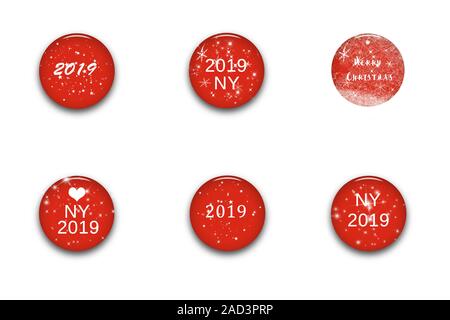 Satz von Weihnachten design Runde rote Glas Button auf weißem Hintergrund. Winter Urlaub 3D-Darstellung Stockfoto