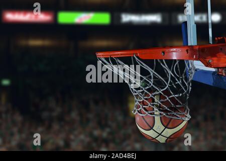 Basketball Ball und Net auf schwarzem Hintergrund Stockfoto