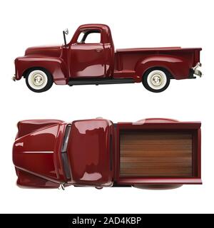 Alte vintage classic Pickup truck Vektor realistische Abbildung Rot auf weißem Hintergrund isoliert. Seitenansicht und Draufsicht Stock Vektor