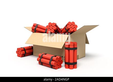 3D-Rendering von tnt Dynamite Sticks im Karton. Explosive liefert. Gefährliche Ladung. Plotten Terroranschlag. Stockfoto