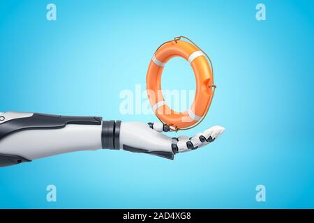 3D-Rendering der Roboterhand Holding orange boat Rettungsring auf blauem Hintergrund. Konzept Kunst Zukunft und Technik. Die sicherheitsausrüstung. Stockfoto