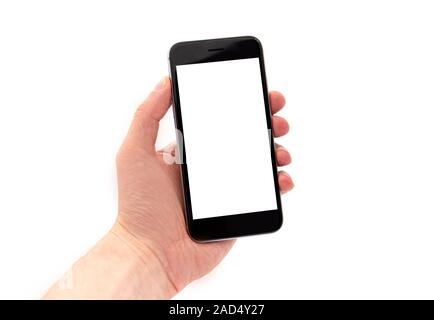 Man Holding Black Mobile Phone, Handgehaltener Smart Phone mit weißem Display isoliert auf weißem Hintergrund Stockfoto