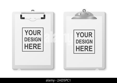Vector 3d Realistische weiße Zwischenablage mit Gefalteten Papier und Metall Clip Icon Set Closeup isoliert auf weißem Hintergrund. Design Template für Notizen Stock Vektor