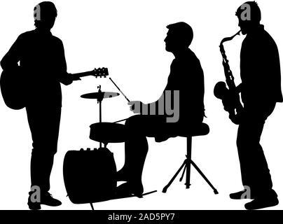 Silhouetten Straßenmusikanten spielen Instrumente auf einem weißen Hintergrund. Stock Vektor