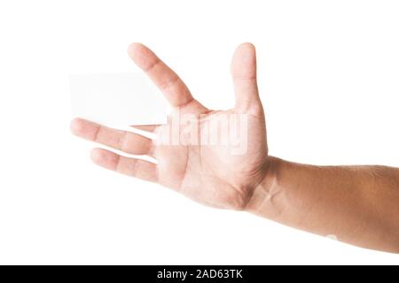 Visitenkarte in der Hand des Menschen auf Weiß Stockfoto