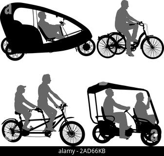 Set Silhouette von zwei Athleten auf tandem Fahrrad auf weißem Hintergrund. Stock Vektor