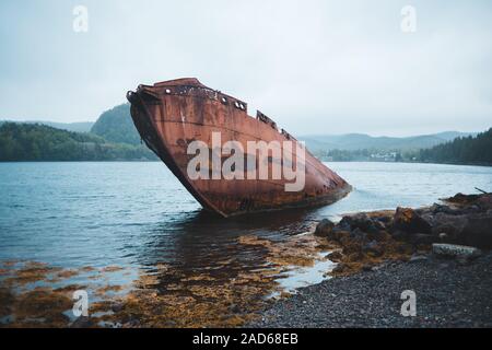 Altes Walfangschiff wurde an einem bewölkten Tag in neufundland, kanada, an Land gespült Stockfoto