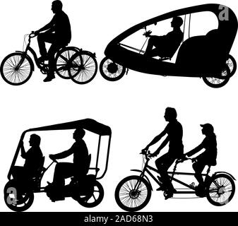 Set Silhouette von zwei Athleten auf tandem Fahrrad auf weißem Hintergrund. Stock Vektor
